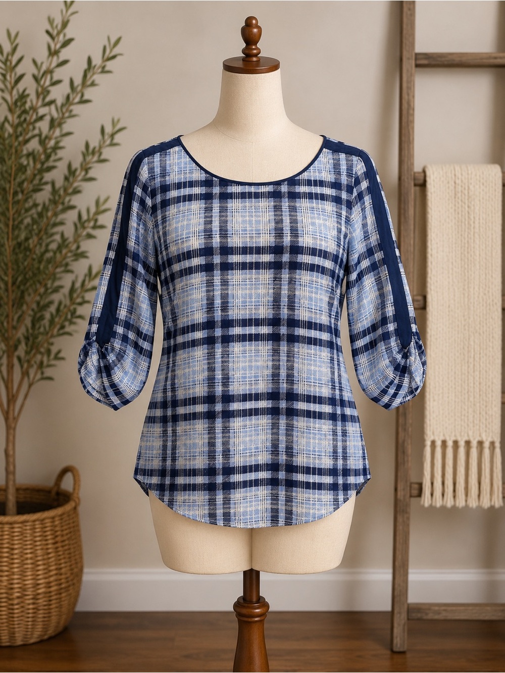 BCBGMaxAzria Navy and Light Blue Plaid 100% silk Scoop-Neck Top